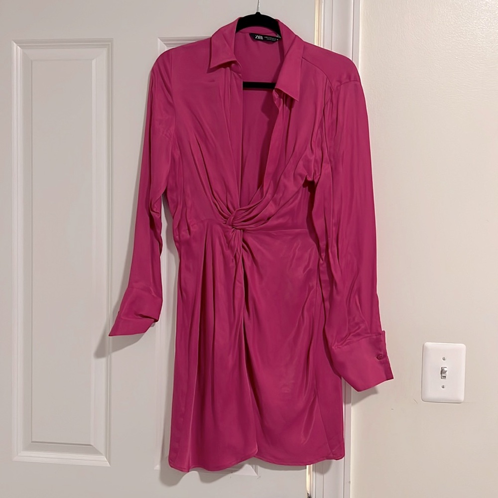 Low chest hot pink silk dress from Zara!
